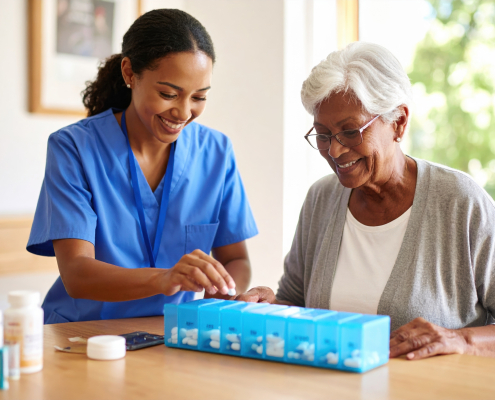 Carer supporting dementia and medication management at home with a daily pillbox routine
