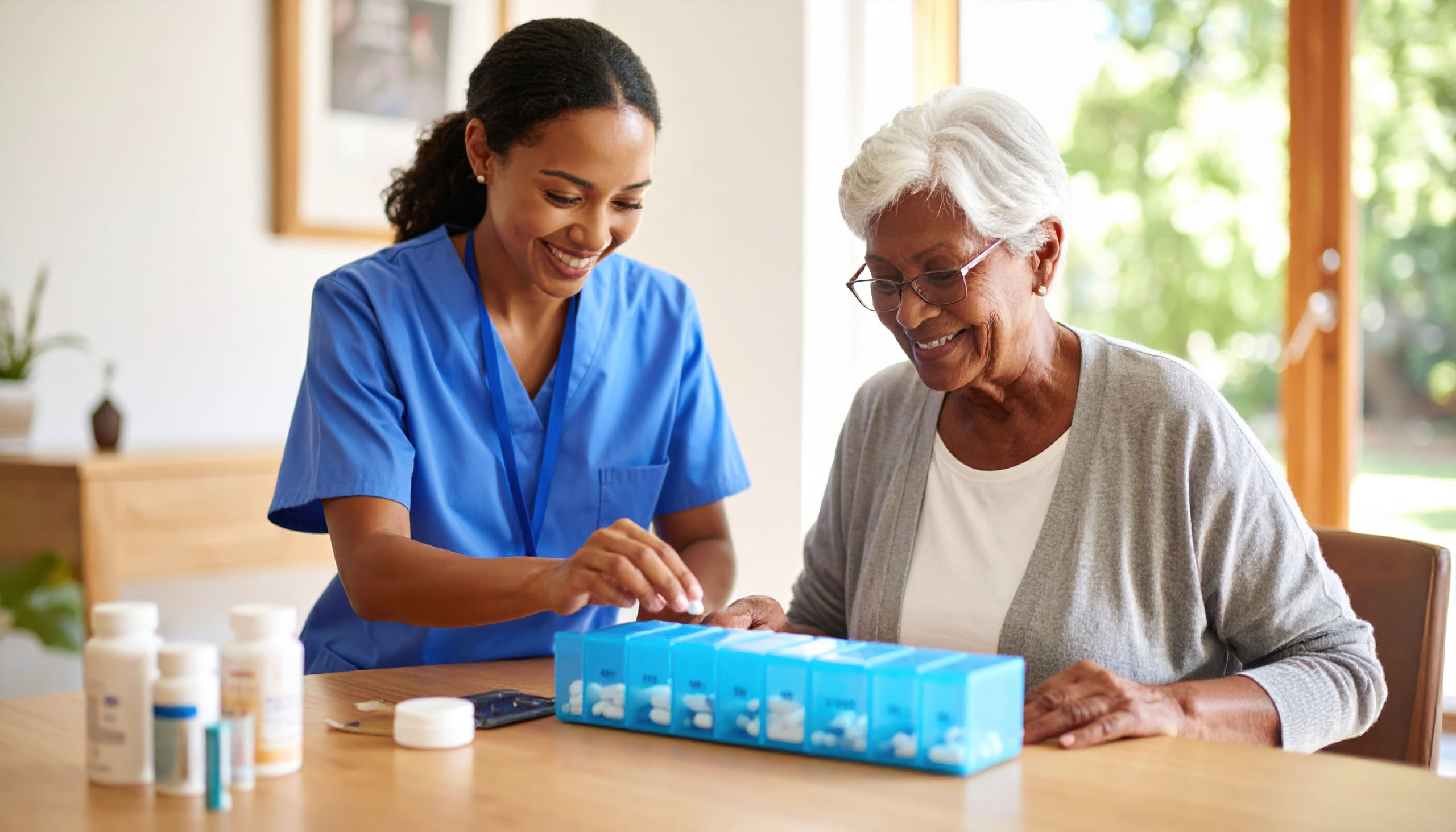 Caring nurse assists elderly woman with medication organization, promoting health and well being in bright, inviting home environment Carer supporting dementia and medication management at home with a daily pillbox routine