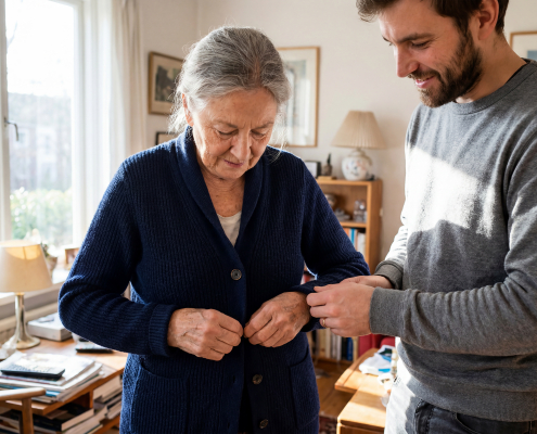 A man providing dementia support at home for an elderly person in Cockerham Lanchashire