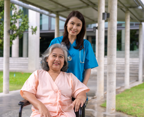 asian careful caregiver or nurse taking care of the patient after dementia training days