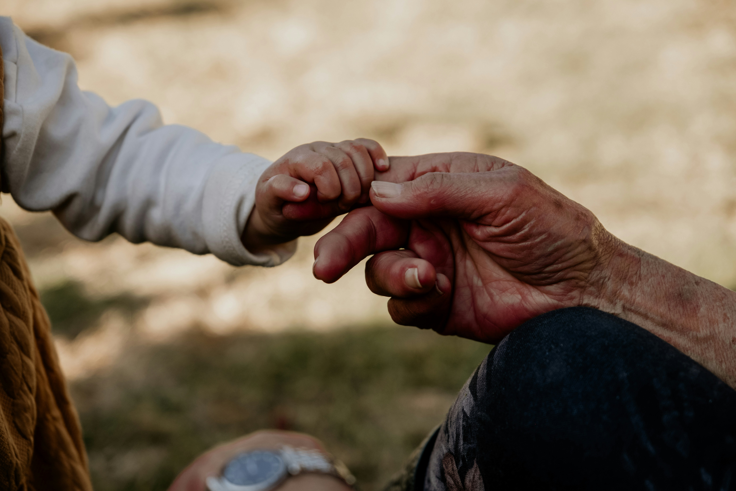 Grandmother and grandchild holding hands, end-of-life care at home
